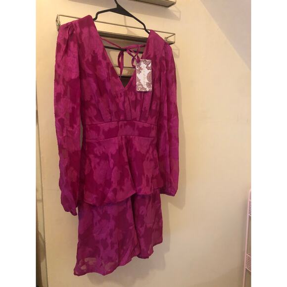 Band of Gypsies NWT Kiss Me Fuschia Peplum Boho Tie Back Mini Dress Size XS - Picture 3 of 13